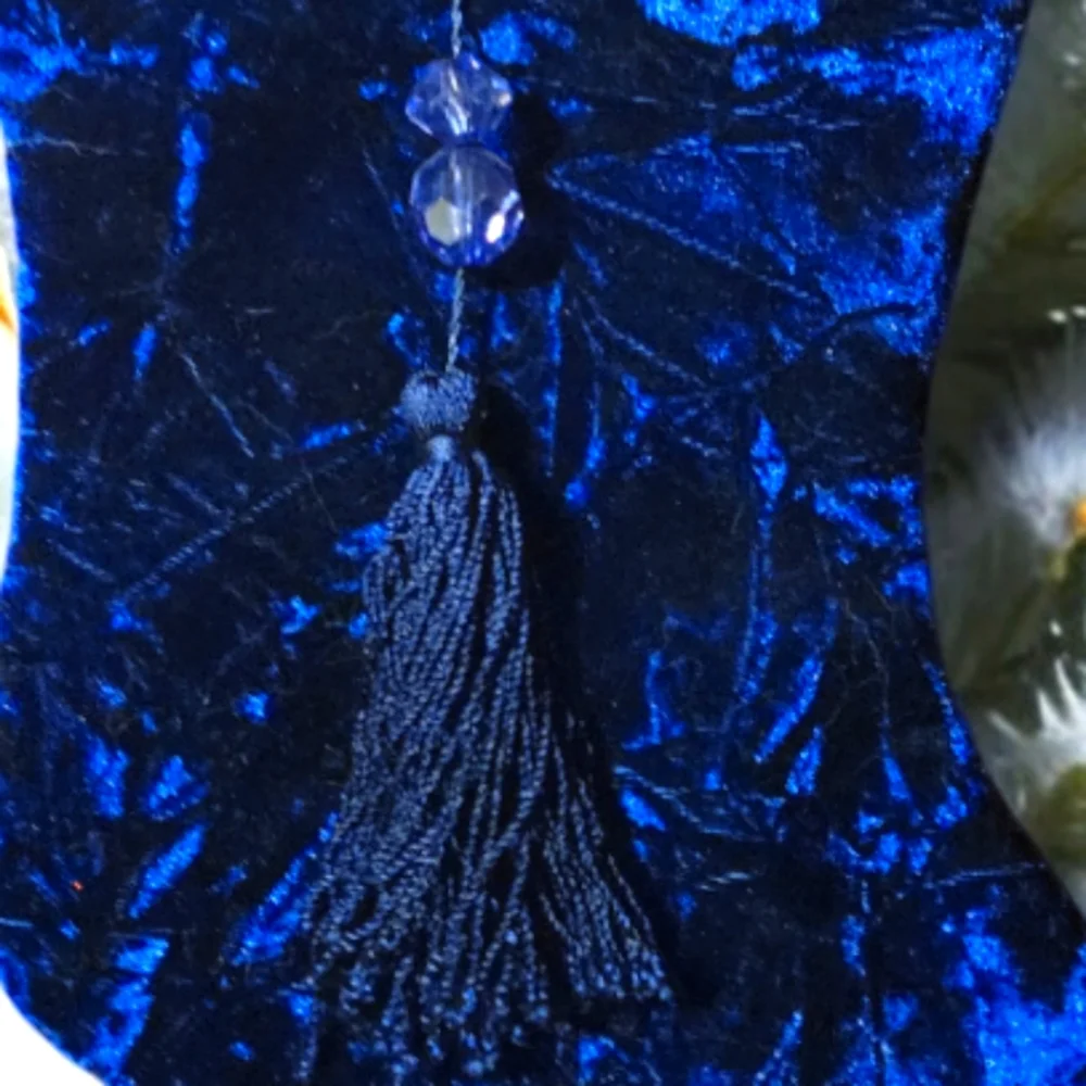 Vtg Dark Blue Velvet Christmas Stocking 2 Beads Tassel